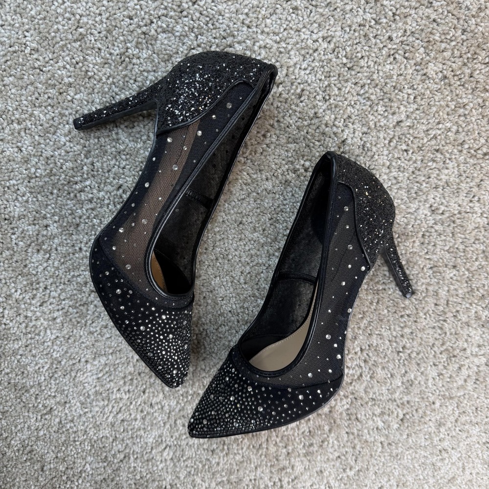 BCBGeneration Shoes Womens Size 9.5 Black Rhinestone Mesh Pointed Toe Heels